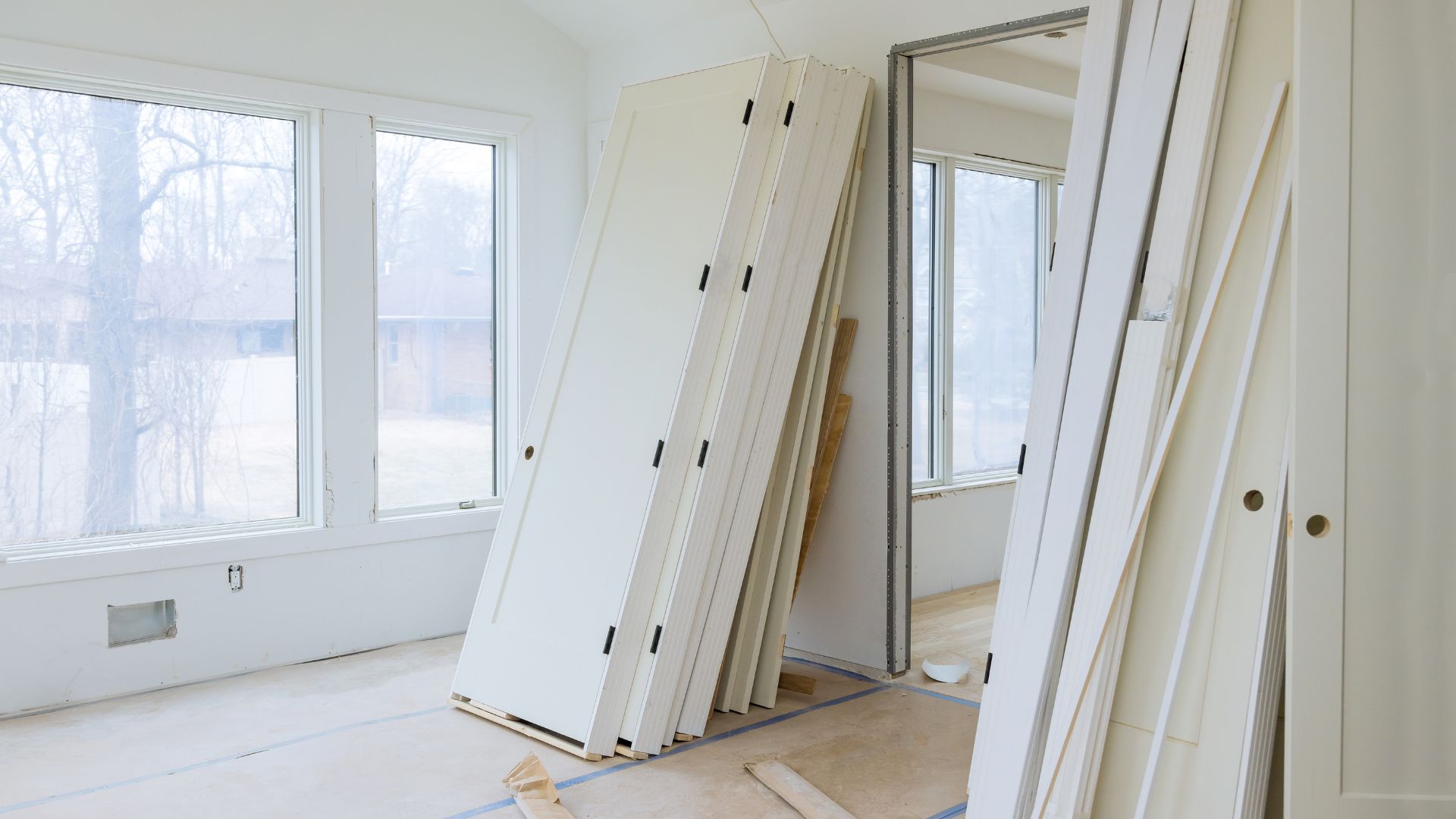 Interior room with stacked white doors during home renovation